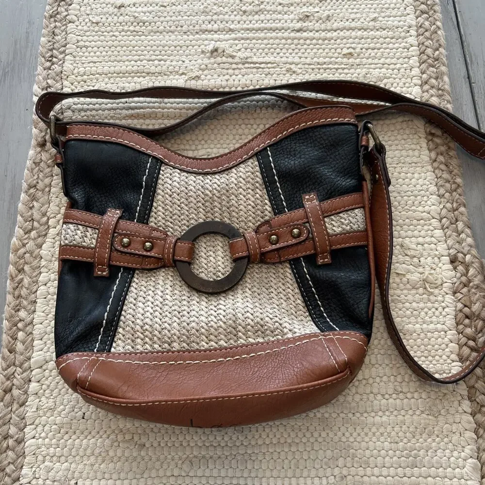 BOC Black Cognac Narayit Straw Woven Crossbody Purse Boho